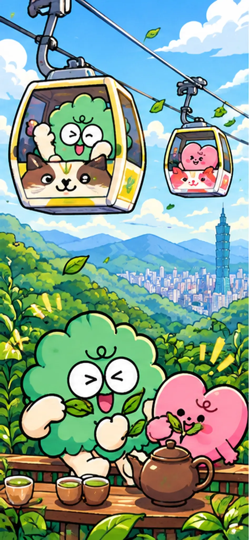 貓空纜車與茶園插畫桌布
